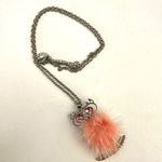 silver tone owl pendant necklace with pink fur Photo 3