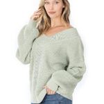 Zenana Outfitters Green Knit Balloon Sleeve V-Neck Pullover Sweater S Photo 0