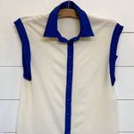 Sisley Sleeveless Cream Contrast Blue Trim Button Dressy Y2K Top Photo 3