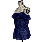 One Clothing  Los Angeles Navy Blue Crane Print Sheer Peplum Blouse Women’s L Photo 2