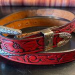 Chambers Floral Embossed Red Leather Belt Made in USA Top Grain Leather Western Photo 6