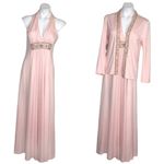 None VINTAGE Pink Beaded Gown 2 Piece Sleeveless Cardigan Plunging Neckline Photo 12