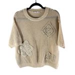 Mango MNG Womens Open Knit Sweater Boxy Floral Applique Beige Short Sleeve L Photo 0