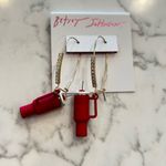 Betsey Johnson Red Tumbler Cup Dangle Earrings Red & Gold W/ Rhinestones Photo 0