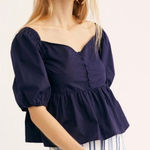 Free People  Veronica Puff Sleeve Off Shoulder Top NWT Cotton Navy Size L Photo 0