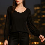 Sanctuary  Black Sheer Pleated Winter Sleeve Boho Blouse XL Night Out Minimalist Chic Photo 0