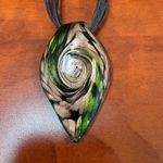 Green Brown Murano Style Glass Teardrop Pendant Necklace‎ Black Ribbon Cord Boho Photo 1