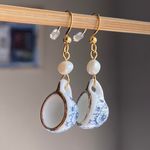 Handmade porcelain tea cup & freshwater pearls unique fun fairy antique style dangle earrings🫖🍃🌀 Photo 2
