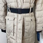 French Connection Women’s Tan Faux Fur Belted Hooded Longline Jacket Medium Photo 3