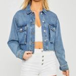Love Tree Denim Jacket Cropped Cargo Pocket Raw Hem Blue Distressed Light Blue Jean Denim Photo 1