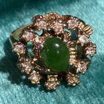 Vintage Genuine Jade with Clear Crystals Cocktail Ring size 8 Gold Photo 2