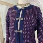 L.L Bean Whimsygoth 100% Wool Blue Red Heart Silver Clasp Romantic Knit Cardigan Size M Photo 2