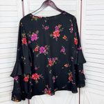 Worthington  Floral Tiered Ruffle Bell Sleeve Blouse Black Pink‎ Large Photo 7