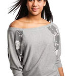 Daytrip  Gray Floral 3/4 Sleeve Off Shoulder Dolman Sweatshirt Top Women L Photo 0