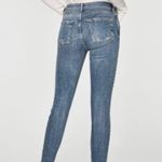 ZARA Light Wash Denim Floral Rose Embroidered Studded Raw Hem Skinny Jeans NEW Photo 2
