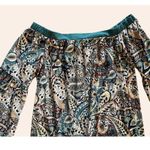Glam NWOT New  American Made Off-Shoulder Boho Print Dress Bell Sleeves Size S Photo 2