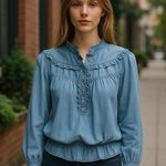Anthropologie MAEVE by  Boho Denim Ruffled Bohemian Blouse Top ~ Women's SMALL Photo 0