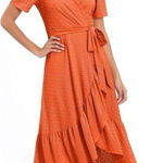London Times Orange Eyelet Surplice Faux Wrap Ruffle Hem Short Sleeve Dress NEW Photo 0