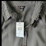 Guess NWT  Women’s Button Up Blouse Tuxedo Grey Beaded Sheer Sz Small‎ Office Photo 4