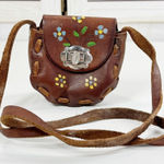 Vintage Mexican Hand Painted Tooled Leather Mini Bag Purse Brown Photo 0