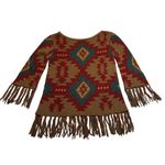 Women's Crewneck Aztec Southwestern Print Sweater w/ Fringe Size Small Colorful Brown Photo 1