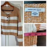 American Eagle  Brown White Striped Ribbed Cropped Henley Sweater M Slouchy Comfy Photo 14