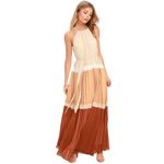 Lulus Lulu’s Totally Tranquil Beige Color-Block Maxi Dress Chiffon Pleated Halter Tie Photo 0