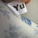 YueXi Floral Blue and White Midi Dress Keyhole Tie Bow Short Sleeve Slit bow EUC Size M Photo 5