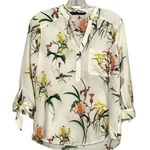 ZARA Silky Floral Collard 1/2 Button Chic Blouse Tie 3/4 Sleeve Pocket XS White Photo 0
