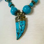 Necklace Beaded Statement Faux Turquoise Shark Took Brass Color Setting Heavy Photo 10