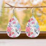 Pink Flower & Hummingbird Pattern Drop Earrings‎ Lightweight Faux Leather Photo 6