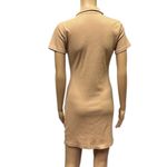 Lyaner Tan Ruched Bodycon Ribbed V Neck Button Front Short Sleeve Mini Dress M Size M Photo 5