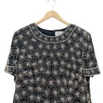 Papell Boutique  Evening Sz 1X Black Silk Beaded Short Sleeve Top Scallop Hem VTG Photo 6
