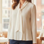 Nanette Lepore Ivory Pleated Tie Neck Blouse Classic Dressy Size L Long Sleeve Photo 0