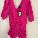 DKNY Pink Puff Sleeve Top with Ruched Design and 3/4 Sleeves Photo 4