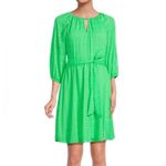 DKNY Green Metallic Check Keyhole Balloon Sleeve Belted Dress Size Small Fairy Photo 6