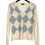 Lands' End Cashmere Argyle V-Neck Cream Blue Sweater SMALL Photo 0