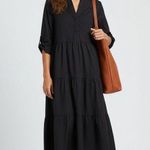 Chico's Black Tiered Poplin Midi Dress Size 3 16/18 Roll Sleeve V-Neck Flowy 78 Photo 0