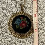 Gold Tone Pendant Necklace with Petit Point Embroidered Floral Design Photo 2
