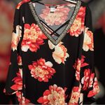Venus  Black Floral Women's V-neck beaded bohemian sleeves criss cross front top Photo 2