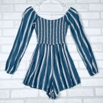 Hollister XS Blue White Striped Long Sleeve Smocked Off Shoulder Romper Photo 7