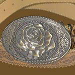 Faux leather belt with floral design and cute flower design metal buckle! New Tan Photo 4