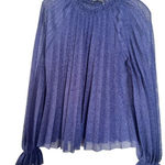 ZARA  Knit Blue Pleated Bell Sleeve Ruffle High Neck Semi Sheer Blouse Size M Photo 0
