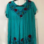 Mexican Folk Art Floral Embroidered Short Sleeve Blue Tunic Blouse Large Boho Photo 1