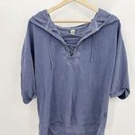 Green Tea Top Women XL Blue Short Half Sleeve Hooded Lace-Up Pullover Hoodie Photo 0