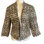 Chico's  Brown White Large Animal Print Ikat Print Collarless Cropped‎ Jacket 2 Photo 0