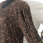 Vintage 100% silk gold beaded sequined brown blazer long sleeves blouse Sz S Photo 4