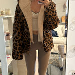 Leopard print sherpa coat with hood and pockets fits any size Multiple Photo 0