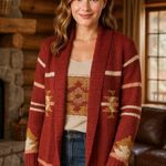 Papercut Clothing Southwest Aztec Knit Cardigan Sweater Open Burgundy Size Large Red Photo 0