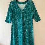 Eddie Bauer Sz L Midi Stretch Green Dress Shift Printed Shirred V Neck Photo 5